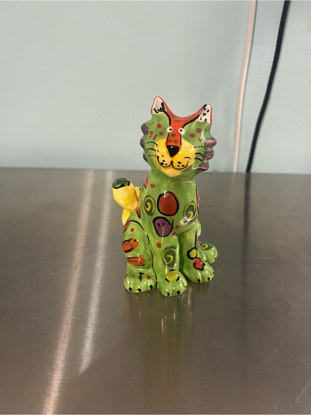 GANZ Bella Casa Green Ceramic Cat Figurine with Multicolor